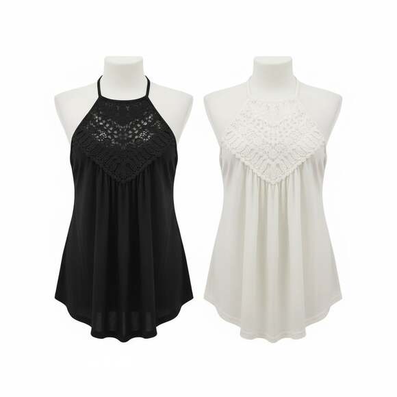 BLUETIME Tops - Women's Lace Halter Neck Pleated Flowy Tank Top (Black and White 2-Pack) Boho